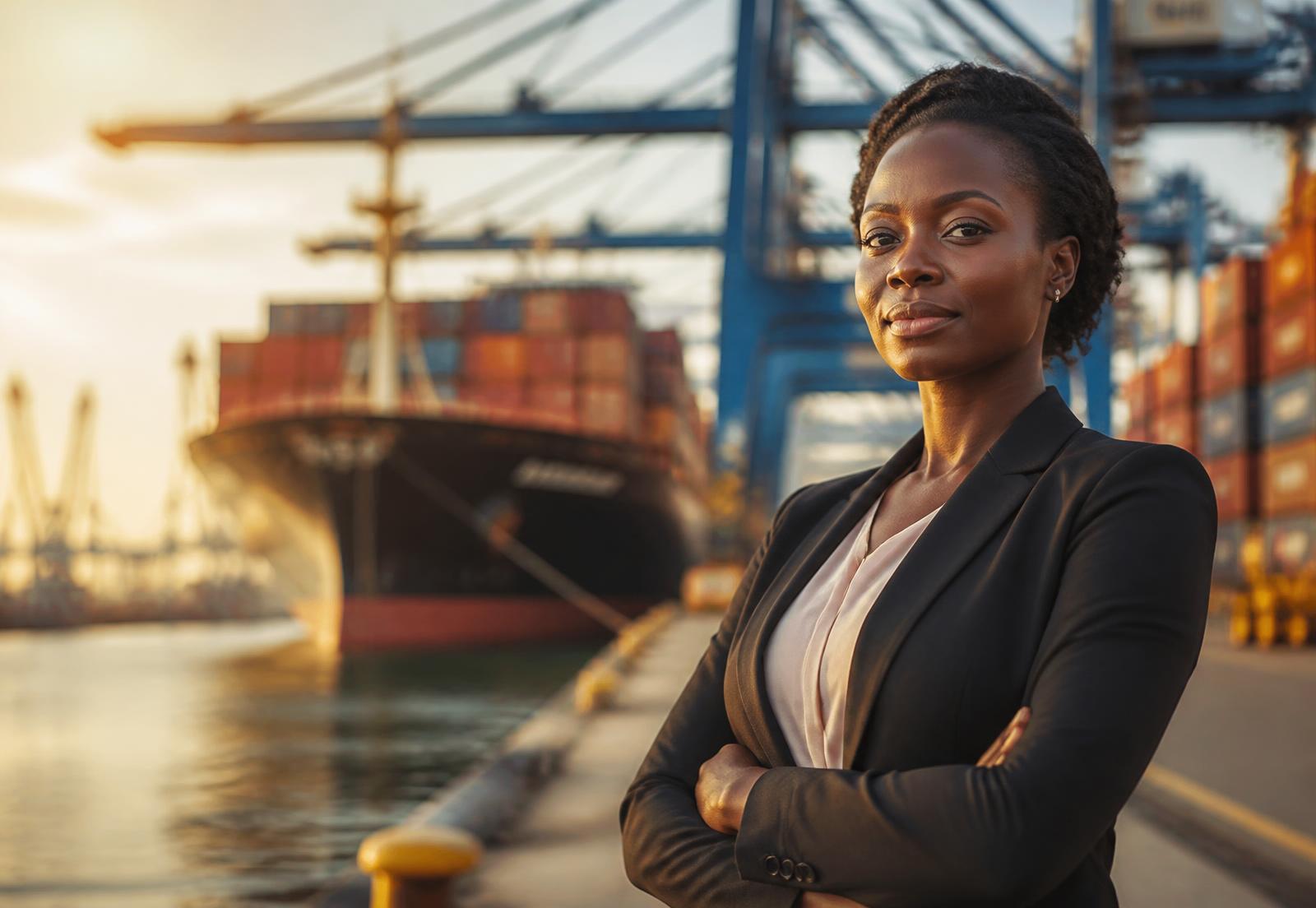 Professionnelle du commerce international sur un port maritime